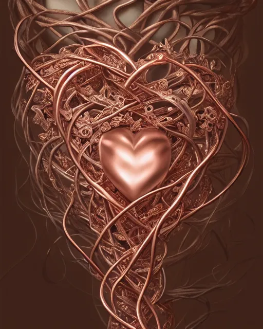 Prompt: rose gold heart, wrapped in vines, vray, machine face, intricate, elegant, highly detailed, digital painting, artstation, cgsociety, concept art, smooth, sharp focus, illustration, yoshitaka amano, art by camille corot and karol bak and kim tschang yeul, 8 k