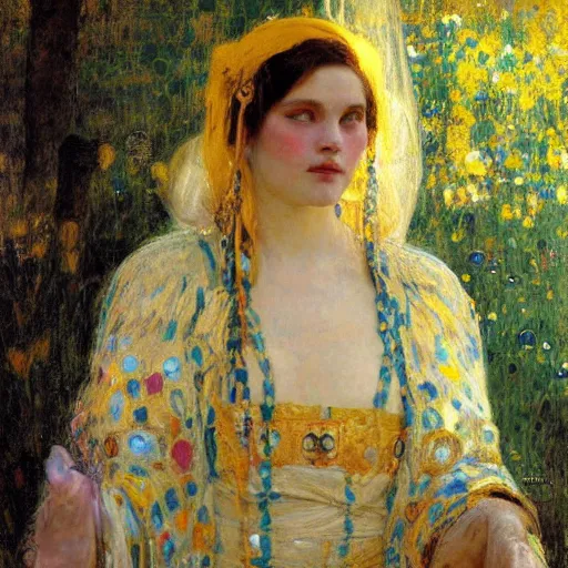 Image similar to Richard Schmid and Jeremy Lipking and Gustav Klimt portrait painting of a young beautiful woman priestess victorian orientalist in elaborate costume