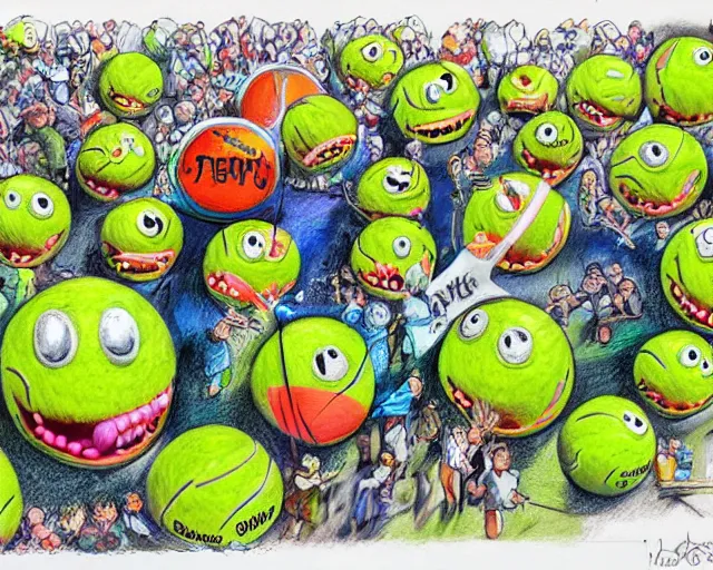 Prompt: tennis ball monsters, theme park, roller coaster, digital art, fantasy, magic, chalk, chalked, trending on artstation, ultra detailed, detailed, fine details, professional illustration by basil gogos