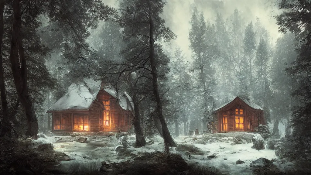 Image similar to [ a cabin in the woods, where the old druid lives ] andreas achenbach, artgerm, mikko lagerstedt, zack snyder, tokujin yoshioka