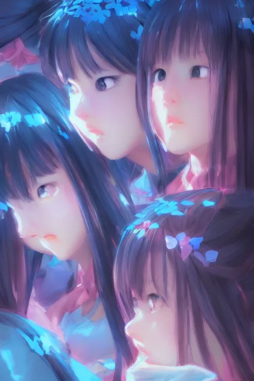 Prompt: 3d infrared octane render concept art by Mo Xiang Tong Xiu, by Igarashi Daisuke, by makoto shinkai, cute beauty cozy portrait anime sad schoolgirls under dark pink and blue tones, mirror room. light rays. deep water bellow. beautiful and cutest real face. deep light, trending on artstation, oil painting brush