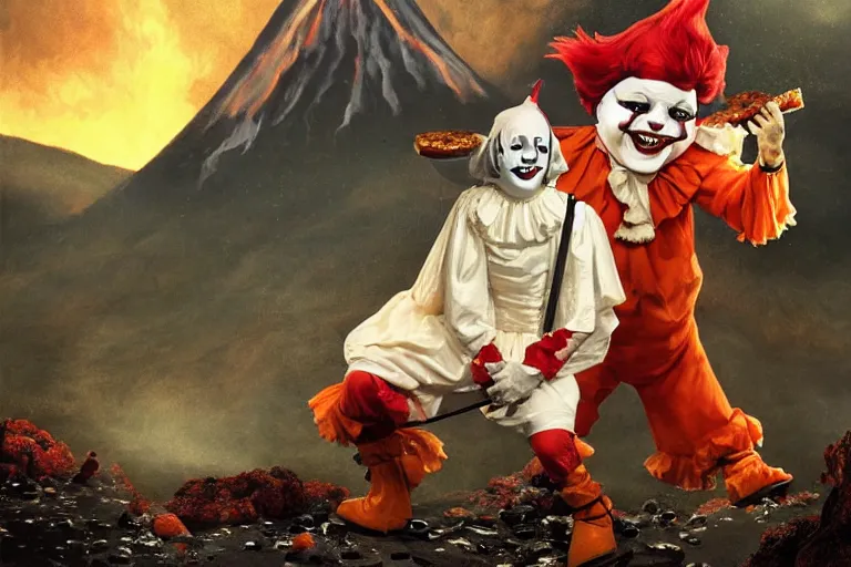 Prompt: pennywise as pulcinella!!! holding a pizza!!, volcano in the background, glowing rivers of lava, dark cloudy sky, an ultrafine detailed painting by joe fenton, full body, wide angle, post - apocalyptic vibe, pop surrealism, sharp focus, 3 d octane render, 4 k, perfect symmetrical face, masterpiece, hyperrealistic, trending on deviantart