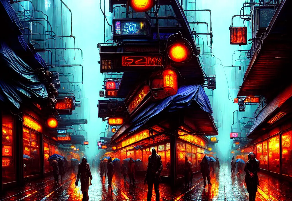 Image similar to a highly detailed rainy bazaar street in a cyberpunk megacity, amazing cyberpunk digital painting, by gerald brom, brom digital art, intricate details, ultra realistic, beautiful art, volumetric lighting, ultrarealistic, by art germ, by brom, trending cgsociety, artstation, bladerunner theme, by anato finnstark 8 k