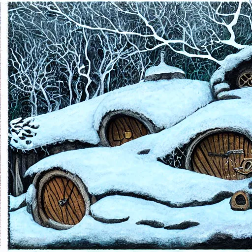 Image similar to a detailed illustration of hobbiton in winter, from the lord of the rings, round doors, hobbit burrows, a fat happy hobbit smoking a pipe