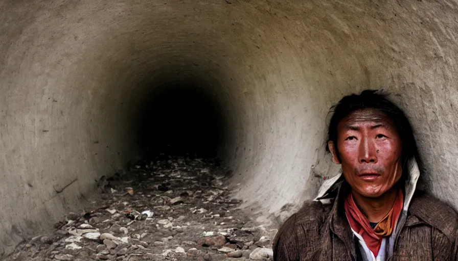 Image similar to 1 9 7 0 s movie still of a tibetan man in a barque in a tiny tunnel of flesh, leica sl 2