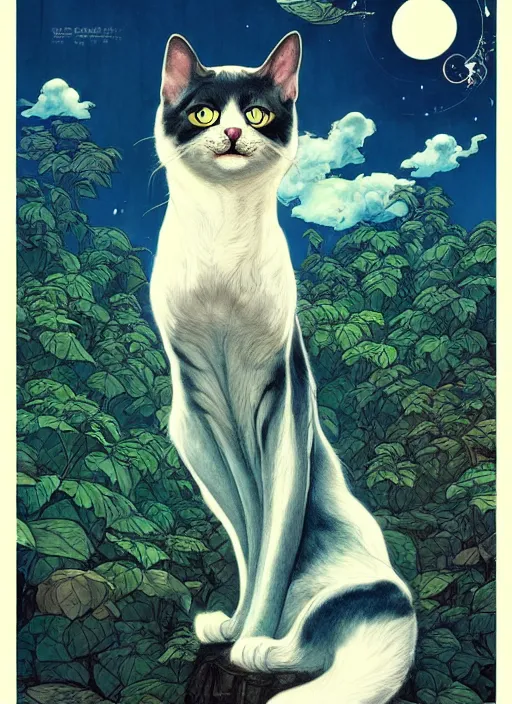 Image similar to a hyper realistic ink cat and the meaning of life and sunbeams blue sky, lush forest poster art by chiara bautista and kim jung giu and norman rockwell and greg rutkowski weta studio, and lucasfilm