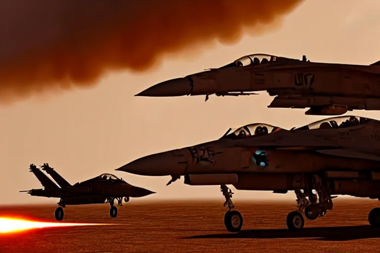 Image similar to a gritty hyperdetailed photorealistic f - 1 8 hornet ground attack aircraft shooting a missile at a small group of vehicles in the desert, volumemetric lighting, cinematic framing, cinematatic lighting, cinematic shadows, in the style of top gun maverick