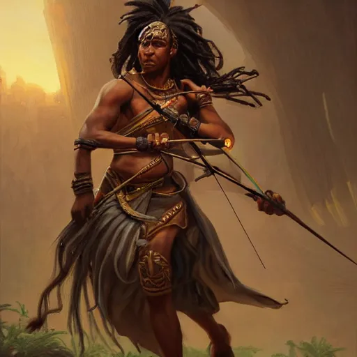 Image similar to a strong, dark-skinned mesopotamian archer with dreadlocks and six fingers, D&D, highly detailed, digital painting, artstation, concept art, sharp focus, illustration, cinematic lighting, art by artgerm and greg rutkowski and alphonse mucha