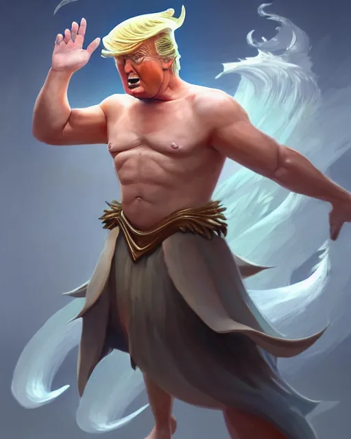 Image similar to character concept art of donald trump as poseidon in a dynamic pose | cute - fine face, pretty face, realistic shaded perfect face, fine details by stanley artgerm lau, wlop, rossdraws, james jean, andrei riabovitchev, marc simonetti, and sakimichan, tranding on artstation