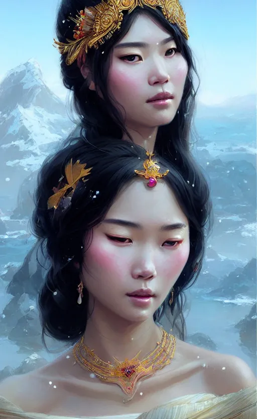 Image similar to a beautiful taiwan goddess with sundress with jewelry | | winter, realistic shaded, unpleasant face, good looking, fine details, realistic shaded lighting poster by greg rutkowski, magali villeneuve, artgerm, jeremy lipkin and michael garmash and macoto takahashi
