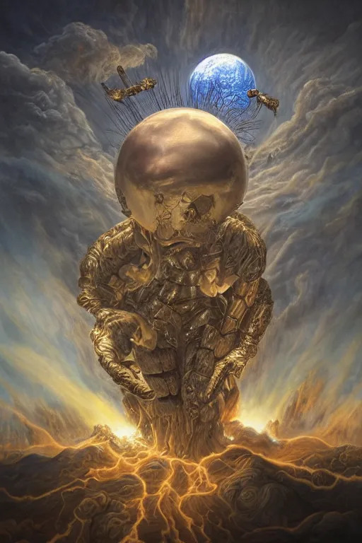 Image similar to Intricate stunning highly detailed Salvador Dali depicted as HammerFall’s lead vocalist, digital painting by agostino arrivabene and Vladimir Kush, surreal, ultra realistic, Horror vacui, dramatic lighting, full moon, thick black swirling smoke tornado, burning fire embers, artstation