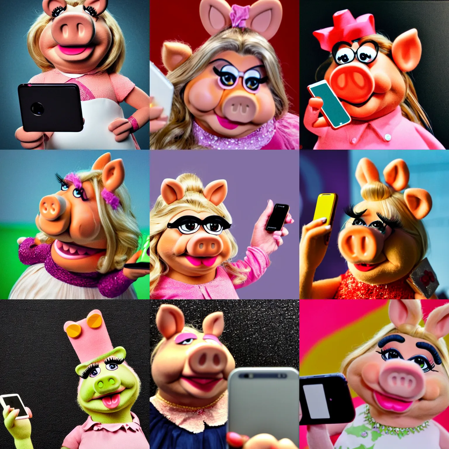 Prompt: portrait of miss piggy doing a selfie with her smartphone