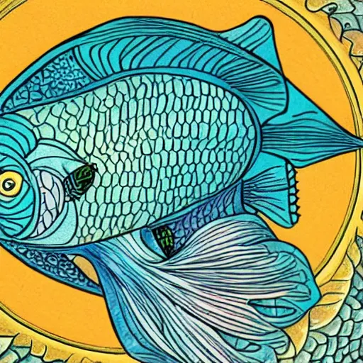 Prompt: A very detailed color illustration on paper of an Art Nouveau decorated fish