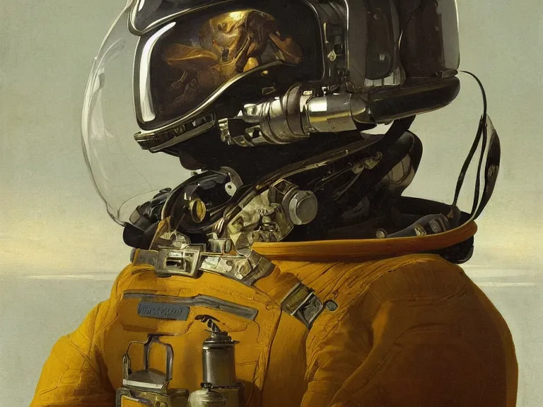 Image similar to a detailed profile oil painting of an explorer in a spacesuit with reflective helmet, flight suit, portrait symmetrical and science fiction theme with aurora lighting clouds and stars by beksinski carl spitzweg and tuomas korpi. baroque elements, full-length view. baroque element. intricate artwork by caravaggio. Trending on artstation. 8k