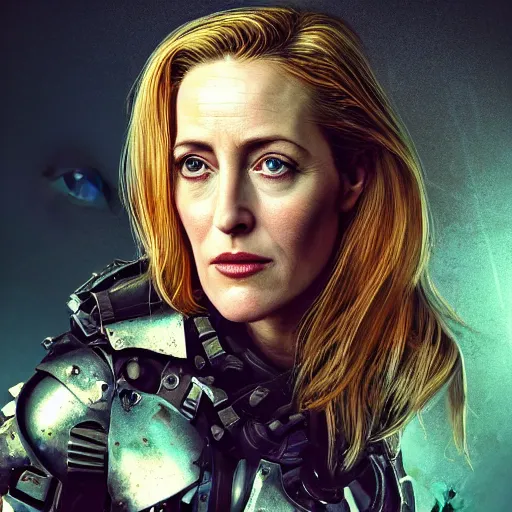 Image similar to gillian anderson portrait, dystopia core, apocalyptic, armor, warrior, dramatic, sharp focus, fiction, neon, fantasy, hyper detailed, digital art, trending in artstation, cinematic lighting, studio quality, smooth render, unreal engine 5 rendered, octane rendered, art style and nixeu and wlop and krenz cushart