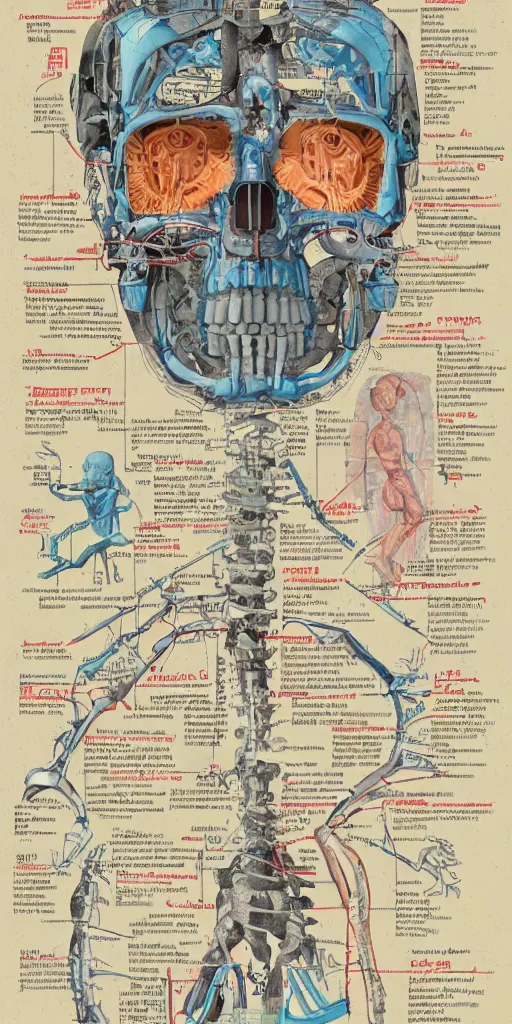 Image similar to anatomy of the terminator, diagrams, map, marginalia, sketchbook, old script, inhabited initials, pastel infographic by Wes Anderson and victo ngai