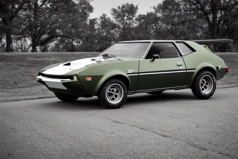 Prompt: vintage race footage, archival, 1974 AMC AMX/3 Gremlin, XF IQ4, 150MP, 50mm, F1.4, ISO 200, 1/160s, natural light, Adobe Photoshop, Adobe Lightroom, photolab, Affinity Photo, PhotoDirector 365