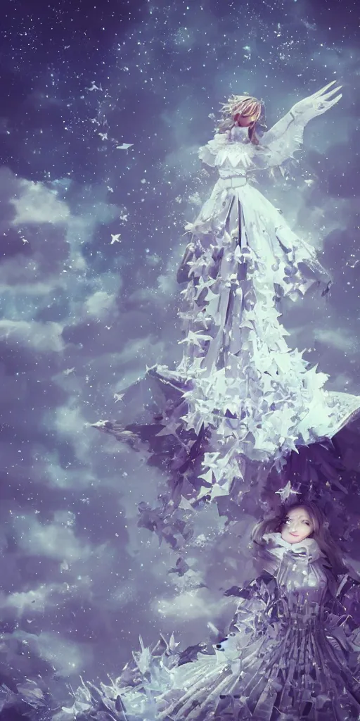 Image similar to background is a stary night sky, castle made of clouds, looking up towards an anthropomorphic space woman wearing a flowing paper couture dress with puffy leggings, paper stars, many origami birds, eery light, 3D, very detailed, octane render, trending ArtStation, artgem