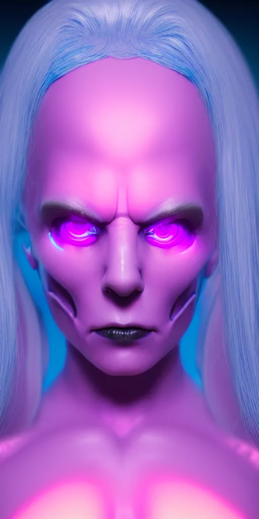 Image similar to matte painting close-up high quality render of gothic cyborg woman with white hair and pearlescent blue skin key sage wayne barlowe very soft pink neon lighting on one side wide angle 35mm shallow depth of field 8k