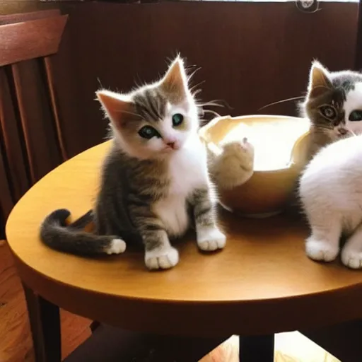 Prompt: a bunch of cute cats around a table