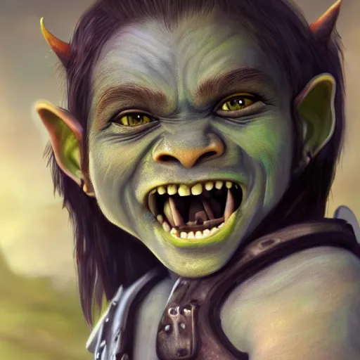 Image similar to a detailed portrait of a cute child orc boy smiling, fantasy art illustration, incredibly highly detailed and realistic, 8 k, sharp focus