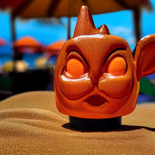 Image similar to a closeup photorealistic photograph of a glossy orange cat garfield style tiki mug sitting at a trader vic's beach bar featuring garfield's face. tiki theme. bright scene. fine detail. this 4 k hd image is trending on artstation, featured on behance, well - rendered, extra crisp, features intricate detail, epic composition and the style of unreal engine.