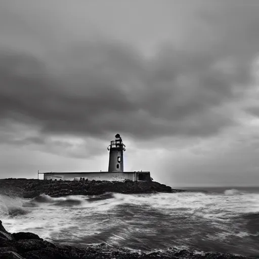 Prompt: the tentacles of a gigantic octopus emerging from the stormy sea wrapped around an old lighthouse, very wide shot, anamorphic, 2 0 mm, old black and white photography, photorealistic, highly detailed