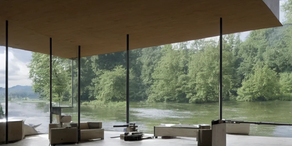 Image similar to a house by the river rhein close to mumpf designed by peter zumthor