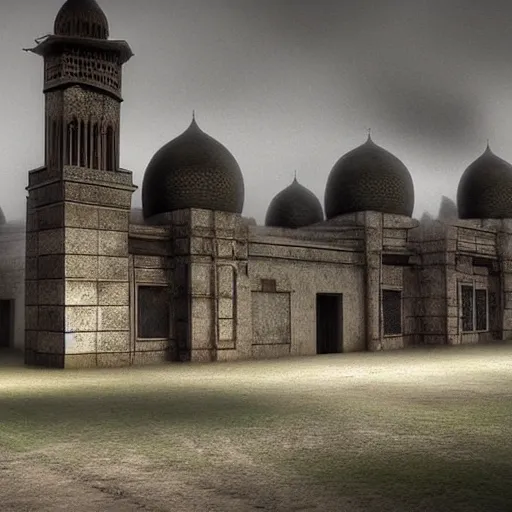 Image similar to a big mosque in a Village, horror, fog, foster, highly detailed, one house, fear, hyper realistic, atmospheric lighting