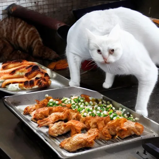 Image similar to a cat working as a kebab cook