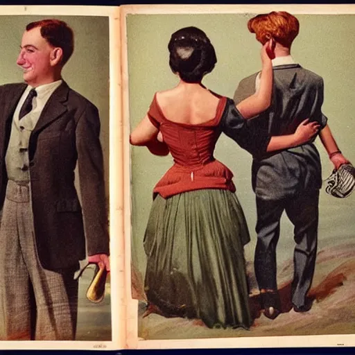 Prompt: “stunning, highly detailed portrait, very detailed, couple, from behind, from side, holding tin can, color vintage magazine illustration 1950”