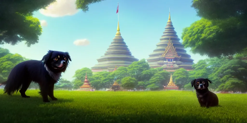 Image similar to a wholesome animation key shot of a black tibetan spaniel, thai temple in the background, studio ghibli, pixar and disney animation, sharp, rendered in unreal engine 5, anime key art by greg rutkowski, bloom, dramatic lighting