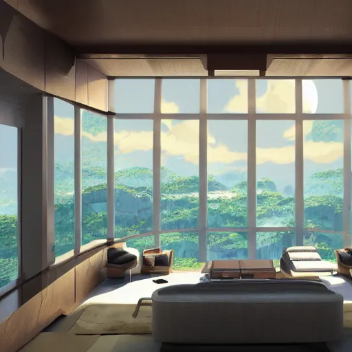 Image similar to a luxury living quarters living room in the 23rd century with a view from a singular window 10km high in space elevator, low contrast, ivan laliashvili, Studio Ghibli and Shinkai Makoto, D render