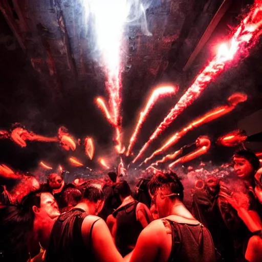 Image similar to giant group smoke bodies, lasers, darkness, from behind, wide angle, elaborate, smoke, red dot, highly detailed, beautiful lighting