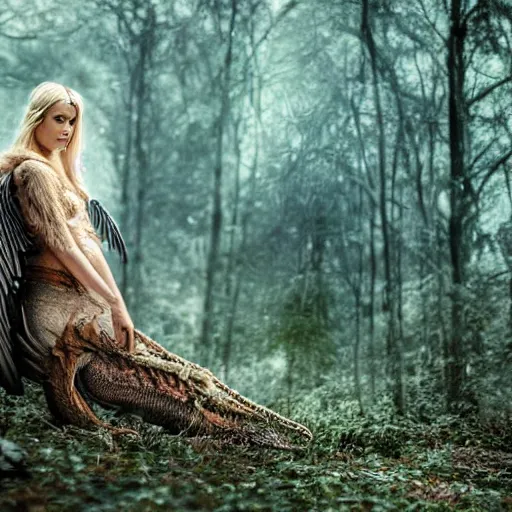 Image similar to very pretty blond female angel with huge dragon wings in a dark forest, perfect symmetrical face, shallow depth of field, moody lighting, single point of light, 8 k, cultural realistic, in the style of martina fackova,