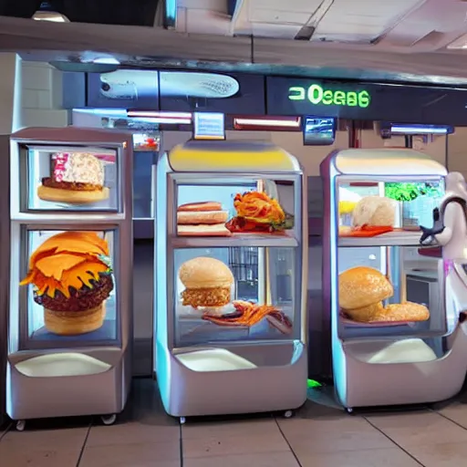 Prompt: futuristic fast food store robots