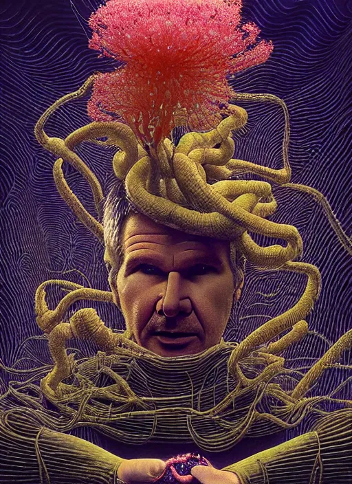 Image similar to hyper detailed 3d render like a Oil painting - Deckard (Harrison Ford - Bladerunner) seen Eating of the Strangling network of yellowcake aerochrome and milky Fruit and Her delicate Hands hold of gossamer polyp blossoms bring iridescent fungal flowers whose spores black the foolish stars by Jacek Yerka, Mariusz Lewandowski, Houdini algorithmic generative render, Abstract brush strokes, Masterpiece, Edward Hopper and James Gilleard, Zdzislaw Beksinski, Mark Ryden, Wolfgang Lettl, hints of Yayoi Kasuma, octane render, 8k