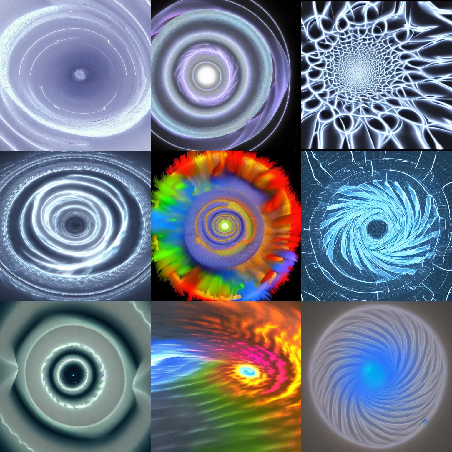 Prompt: cloud vortex, storm, symmetric, rotational symmetry, spiral, volumetric clouds, lightning, vibrant realflow simulation rendered in maya 3 d, high quality 4 k trending on artstation