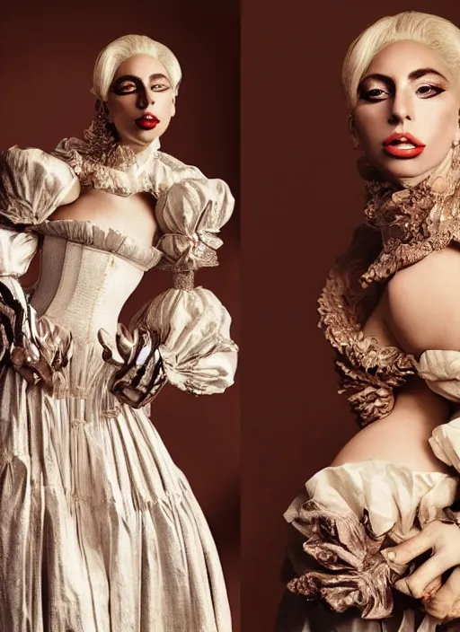 Image similar to lady gaga styled by nick knight posing renaissance style, vogue magazine, highly realistic. high resolution. highly detailed. dramatic. 8 k. 4 k.