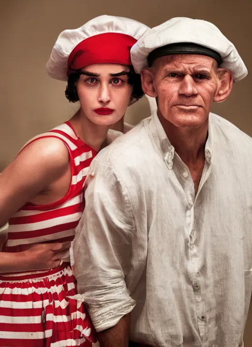 Image similar to closeup portrait of popeye and olive oyl, depth of field, zeiss lens, detailed, symmetrical, centered, fashion photoshoot, by Annie Leibovitz and Steve McCurry, David Lazar, Jimmy Nelsson, Breathtaking, 8k resolution, extremely detailed, beautiful, establishing shot, artistic, hyperrealistic, beautiful face, octane render