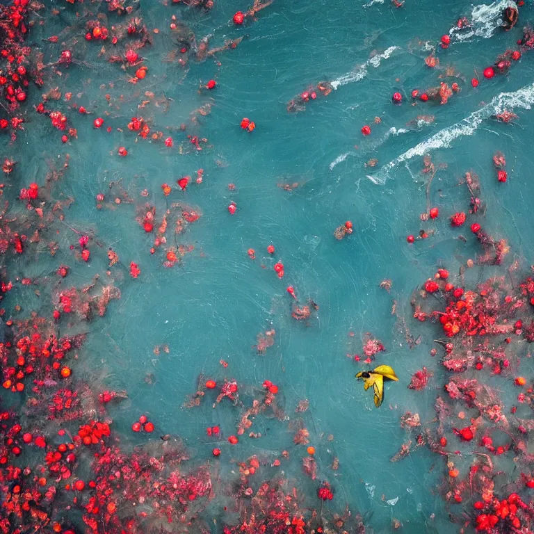 Image similar to human with the sea and the forest inside, veins diverge through the body like rivers filmed on a satellite, a person is decorated with wild berries, a beautiful bird is looking at him next, colorful picture