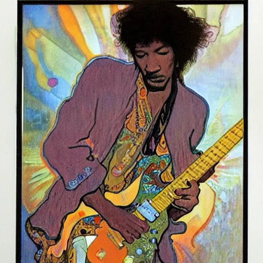Prompt: Jimy Hendrix playing electric guitar by Alfons Mucha, masterpiece