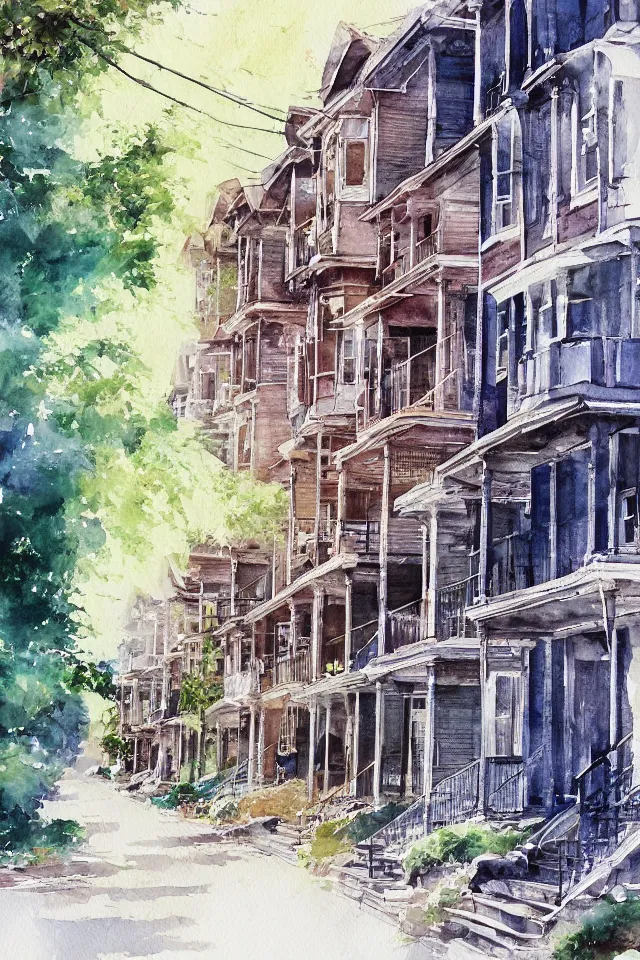 Image similar to street lined with old residential houses summer watercolor by arti chauhan trending on artstation