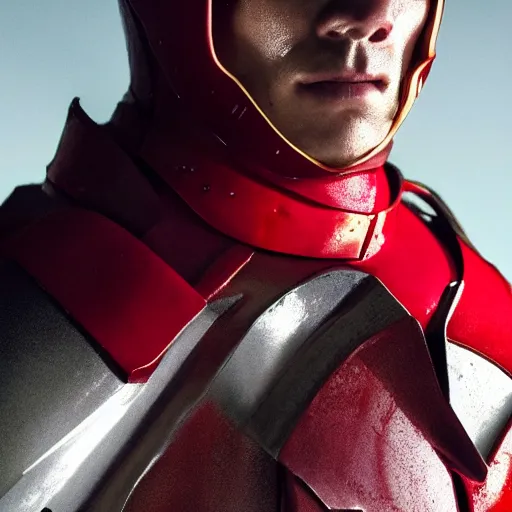 Image similar to headshot of a tall athletic muscular infantry man in glossy sleek white armor with tiny red details and a long red cape, heroic posture, strong jawline, on the surface of mars, night time, dramatic lighting, cinematic, sci-fi, hyperrealistic