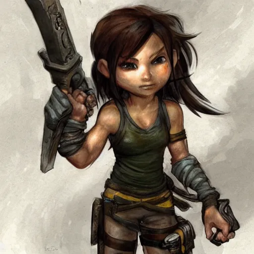 Prompt: concept art of chibi Lara Croft exploring a dark dungeon, Justin Gerard