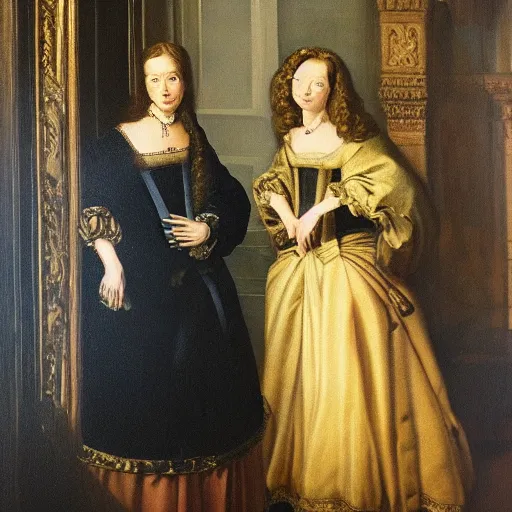 Image similar to oil on canvas painting. two women in a vast castle lobby wearing fine clothes. dark room with light coming through the right side of the place. baroque style 1 6 5 6. high quality painting, no distortion at all.