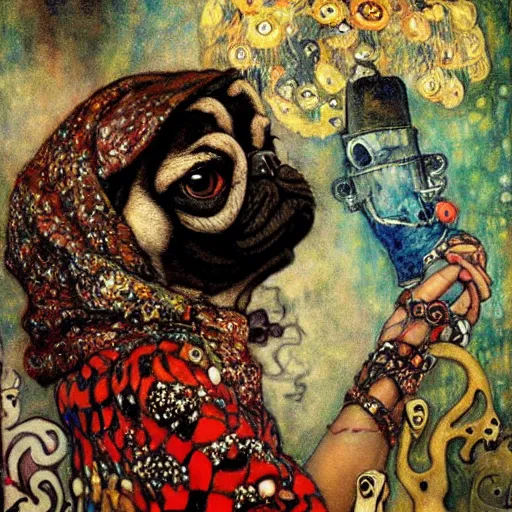 Image similar to pug caterpillar smoking hooka in wonderland, intricate detail, painting, jazz age, klimt, royo, frazetta, whealan,