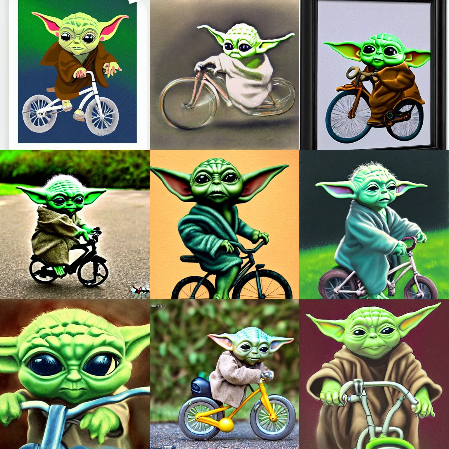 Prompt: baby yoda riding a bicycle by tom whelan