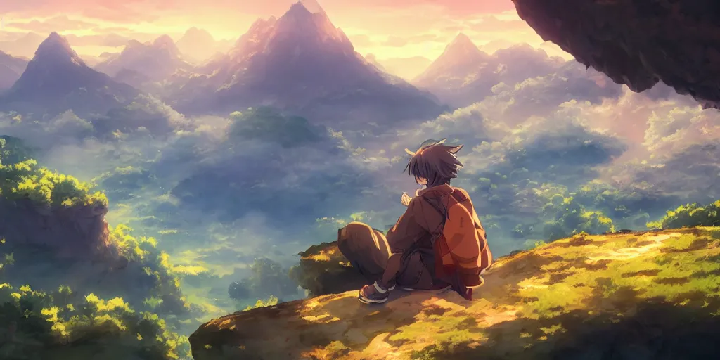 Image similar to isekai masterpiece anime boy sitting on a rock off to the side looking down upon fantasy floating sky town, during dawn, cinematic, very warm colors, intense shadows, anime illustration, rapid mountains, anime screenshot composite background