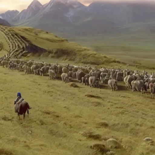 Image similar to still from lord of the rings showing the ride of the rohirrim, riding toward minas tirith on alpacas